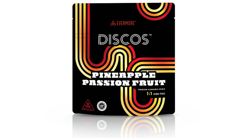 Evermore Discos Pineapple Passion Fruit cannabis edibles pouch with yellow and red retro design