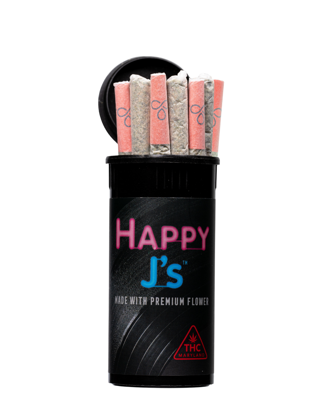 A black pop-top container labeled “Happy J’s – Made with Premium Flower” with the lid open, showing seven pre-rolled joints with pink filters standing upright. The label features neon pink and blue lettering and a red THC Maryland symbol.