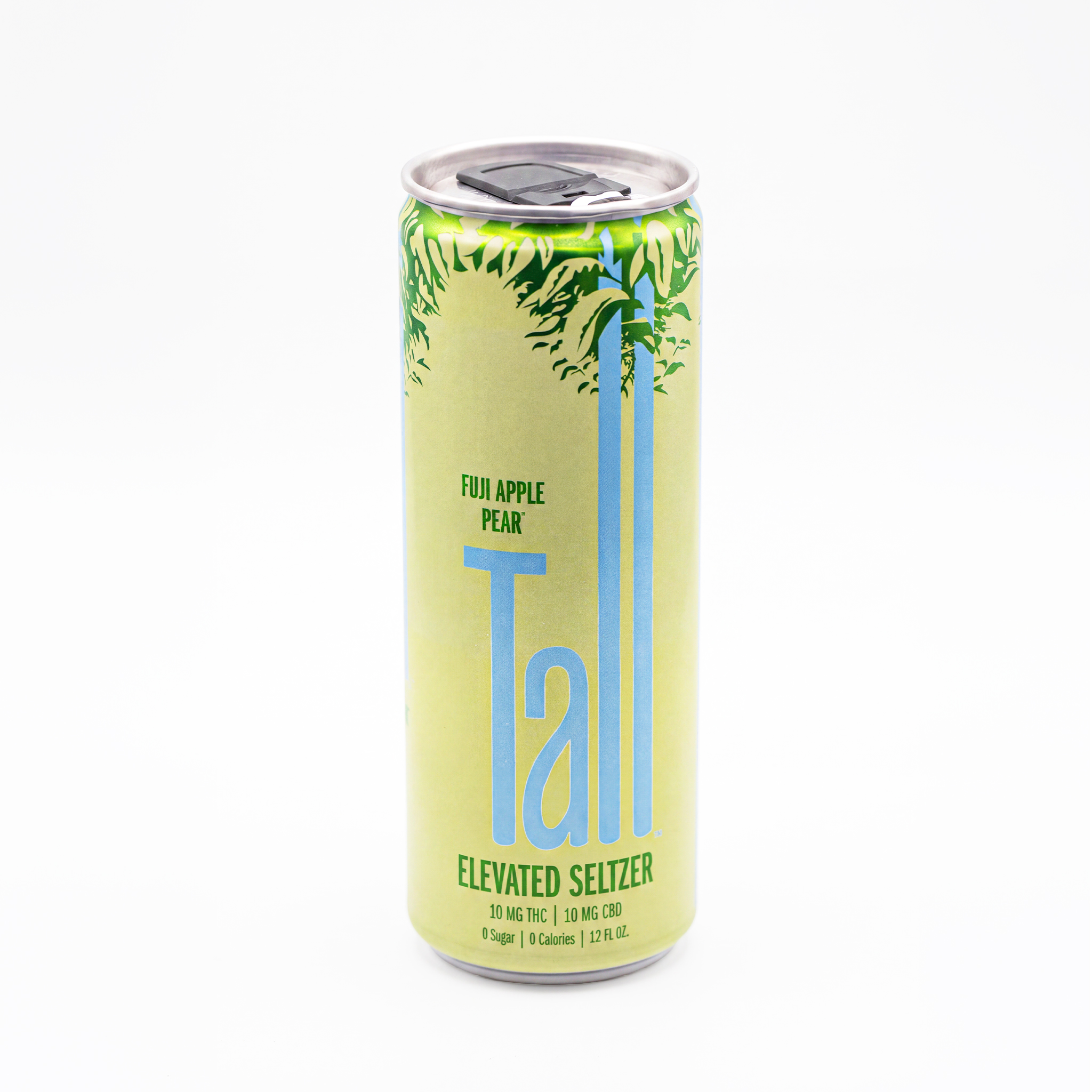 Tall Elevated Seltzer Fuji Apple Pear cannabis-infused beverage in a slim 12 oz can with a light green gradient, blue "Tall" logo, green leafy canopy design around the top, and silver pull-tab lid, photographed on a white background.